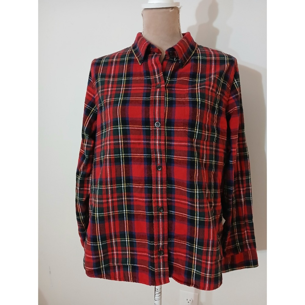 LL Bean Womens Large Petite Red Plaid Flannel Button Down Shirt Cotton